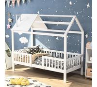 LONELYO Letto capanna Bambino, Letto 90x200, Design del tetto, Ringhiera di sicurezza, Rinforzo della sicurezza, Materiale in Legno di pino, Bianco, Apprendimento ispirato a Montessori