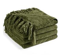 LONG CREATE Coperta doppia in ciniglia 152,4 x 203,2 cm, morbida e calda, con frange e nappe, per letto, divano e sedia, leggera e decorativa, in stile bohémien, idea regalo, colore: verde oliva