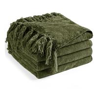 LONG CREATE Coperta in ciniglia per divano, 127 x 152,4 cm, morbida e accogliente con frange e nappe, per letto, divano, sedia, leggera, decorativa, in stile bohémien, per regalo, verde oliva