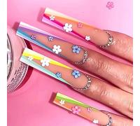 Long False Nails Pride French Press on Nails Rainbow Stick on Nails Ballerina Acrylic Fake Nails 24pcs for Women and Girls