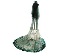 Long Green Bridal Veil Luxury Bling Sequins Lace Wedding Veil With Comb