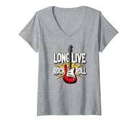 Long Live Rock & Roll - Chitarra iconica per Gli Amanti della Musica Maglietta con Collo a V, Donna, Grigio Melange, M