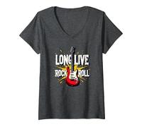 Long Live Rock & Roll - Chitarra iconica per Gli Amanti della Musica Maglietta con Collo a V, Donna, Grigio Scuro, XXL