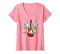 Long Live Rock & Roll - Chitarra iconica per Gli Amanti della Musica Maglietta con Collo a V, Donna, Rosa, XXL