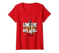 Long Live Rock & Roll - Chitarra iconica per Gli Amanti della Musica Maglietta con Collo a V, Donna, Rosso, L