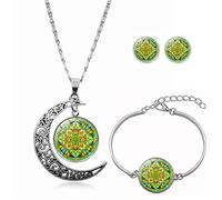Long Pendant Necklaces for Women,Abstract Geometric Mandala Flower Plant,Rotating Moon Stud Earring Suit European And American Necklace Jewelry Crystal Pendant Sweater Chain Fashion Gift