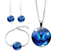 Long Pendant Necklaces for Women,Blue Butterfly Cute Art,Double-Sided Rotation Stud Earring Suit European And American Necklace Jewelry Crystal Pendant Sweater Chain Fashion Gift