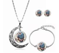 Long Pendant Necklaces for Women,Blue Owl, Character, Animal,Rotating Moon Stud Earring Suit European And American Necklace Jewelry Crystal Pendant Sweater Chain Fashion Gift