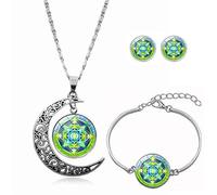 Long Pendant Necklaces for Women,Fresh Green Mandala Flower Plant,Rotating Moon Stud Earring Suit European And American Necklace Jewelry Crystal Pendant Sweater Chain Fashion Gift