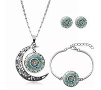 Long Pendant Necklaces for Women,Fresh Green Mandala Flower Plant,Rotating Moon Stud Earring Suit European And American Necklace Jewelry Crystal Pendant Sweater Chain Fashion Gift
