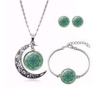Long Pendant Necklaces for Women,Fresh Green Mandala Flower Plant,Rotating Moon Stud Earring Suit European And American Necklace Jewelry Crystal Pendant Sweater Chain Fashion Gift