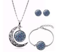 Long Pendant Necklaces for Women,Painted Ethnic Mandala Flower Plant,Rotating Moon Stud Earring Suit European And American Necklace Jewelry Crystal Pendant Sweater Chain Fashion Gift