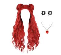 Long Red Wig with Buns and Necklace Earrings, Girls Halloween Red Wigs, Kids Cosplay Wigs for Party School Performance Stage