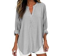 Long Sleeve Cotton Linen Tops for Women UK Summer Solid Color V Neck Pleated Blouse Casual Loose Fit T Shirts Going out Holiday Tunics I-21