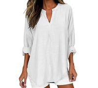 Long Sleeve Cotton Linen Tops for Women UK Summer Solid Color V Neck Pleated Blouse Casual Loose Fit T Shirts Going out Holiday Tunics I-21
