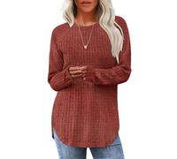 Long Sleeve Shirts for Women Soft Crew Neck Tunic Top with Flattering Curved Hem for Early Fall Fashion (Brick Red,XL)