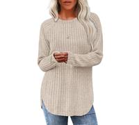 Long Sleeve Shirts for Women Soft Crew Neck Tunic Top with Flattering Curved Hem for Early Fall Fashion (Apricot,XL)