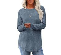 Long Sleeve Shirts for Women Soft Crew Neck Tunic Top with Flattering Curved Hem for Early Fall Fashion (Blue,M)