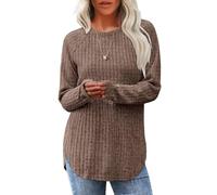Long Sleeve Shirts for Women Soft Crew Neck Tunic Top with Flattering Curved Hem for Early Fall Fashion (Coffee,XXL)