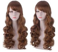 Long Water Wave Synthetic Wigs With Bangs Brown Heat Resistant Hair Cosplay Wigs For Women