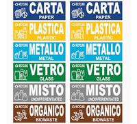 Longivia® 12 Adesivi Raccolta Differenziata Formato 15 cm x 5 cm - Etichette per Contenitori Rifiuti in Italiano e Inglese - Adesivo per Riciclo Lavabile Antigraffio (12 pezzi, 15cm x 5cm)