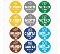 Longivia® 12 Adesivi Raccolta Differenziata Formato 9.5 cm di diametro - Etichette per Contenitori Rifiuti in Italiano e Inglese - Adesivo per Riciclo Lavabile Antigraffio Resistente