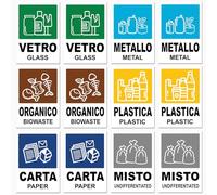 Longivia® 12 Adesivi Raccolta Differenziata GRANDI XL - Formato 21cm x 15cm - Etichette per Contenitori Rifiuti in Italiano e Inglese - Adesivo per Riciclo Lavabile Antigraffio Resistente