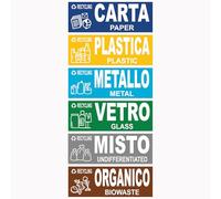 Longivia® 6 Adesivi Raccolta Differenziata Formato 21 cm x 7 cm - Etichette per Contenitori Rifiuti in Italiano e Inglese - Adesivo per Riciclo Lavabile Antigraffio Resistente (6 pezzi, 21cm x 7cm)