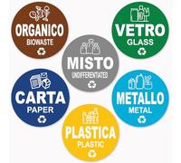 Longivia® 6 Adesivi Raccolta Differenziata Formato 9.5 cm di diametro - Etichette per Contenitori Rifiuti in Italiano e Inglese - Adesivo per Riciclo Lavabile Antigraffio Resistente
