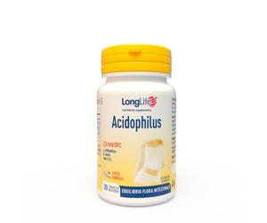 LongLife® Acidophilus | Masticabile gusto vaniglia | L. acidophilus LA 3, B. lactis BLC 1 e F.O.S. | Equilibrio della flora intestinale | Fino a un mese di trattamento | Vegano e senza glutine