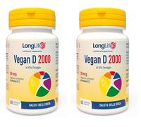 LongLife® Vegan D 2000 | Vitamina D2 da lieviti | Alto dosaggio 2000 U.I. | Benessere di ossa, denti e sistema immunitario | 2 mesi di trattamento | Vegano e senza glutine (Confezione da 2)