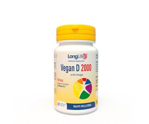 LongLife® Vegan D 2000 | Vitamina D2 da lieviti | Alto dosaggio 2000 U.I. | Benessere di ossa, denti e sistema immunitario | 2 mesi di trattamento | Vegano e senza glutine