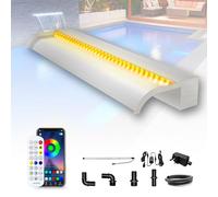 LONGRUN Kit di lame per laghetto da 90 cm, in acciaio inossidabile 304, curva, con funzione Spillway, fontana per piscina all'aperto con luci LED Bluetooth a 7 colori e telecomando, larghezza 25,5 cm