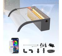 LONGRUN Set di Lame per Cascata per Laghetto da 30cm,Trabocco per Cascata Curva in Acrilico,Fontana per Piscina all'Aperto con Luci LED a 7 Colori e Telecomando,Larghezza 26cm