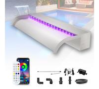 Longrun Set di Lame per Cascata per laghetto da 60cm,troppopieno per Cascata Curvo in Acciaio Inossidabile,Fontana per Piscina Esterna con luci LED a 7 Colori e Telecomando,Larghezza 25.5cm