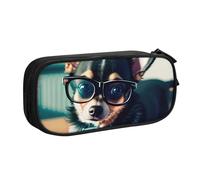 LONGZEHAO Astuccio con stampa di occhiali di chihuahua di grande capacità, doppio strato con cerniera, organizer per trucchi