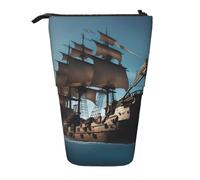 Longzehao Astuccio telescopico con stampa di nave pirata, portapenne, custodia pop up, custodia portatile in piedi, Nero, One Size