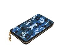Longzehao Blue Camo Print Premium Leather Zip Around Wallet per uomini e donne libretto degli assegni blocco RFID