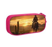 LONGZEHAO Grande capacità West Desert Cactus con Cowboys Equitazione Cavalli 2 Stampa Pencil Case Doppio strato Cerniera Astuccio Astuccio Trucco Organizer