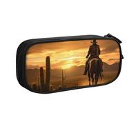 LONGZEHAO Grande capacità West Desert Cactus con Cowboys Equitazione Cavalli 2 Stampa Pencil Case Doppio strato Cerniera Astuccio Astuccio Trucco Organizer