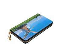 Longzehao Windmill Blue Print Premium Leather Zip Around Wallet per uomini e donne libretto degli assegni blocco RFID