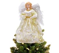 Longzhuo Puntale Angelo per Albero di Natale 32cm - Decorazioni con Luci LED e Ali di Piume - Oro Fiore Angelo Luci Colorate