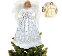 Longzhuo Puntale Angelo per Albero di Natale, 32cm Decorazioni con Luci LED e Ali di Piume, Punta Argento Fiore (Calda Luce Gialla)