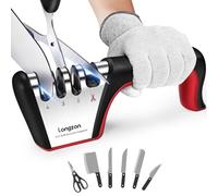 longzon Affilacoltelli Professionale, 4 in 1 Affila Coltelli da Cucina con Due Guanti Antitaglio, Affilacoltelli Manuale per Coltelli Dritti, Forbici, Sicuro e Facile da Usare - Rosso