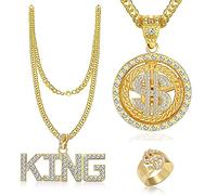 LongZYU Set Accessori Rapper Costume Hip Hop Collana e Anello con Segno del Dollaro Catena d'oro Finta King Sign hip hop per Feste Anni '80 '90 Accessori per Rapper Decorazioni a Tema Mafia