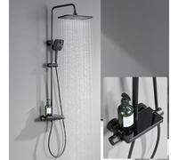 Lonheo Colonna Doccia con Miscelatore Termostatico, Miscelatore Doccia con Portasapone, Soffione Doccia Grande 30x19cm, Doccetta a 3 Funzioni, Asta Doccia Altezza Regolabile 88-124cm, Nero