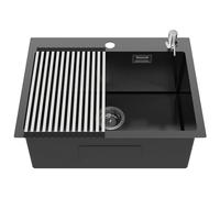Lonheo Lavandino Cucina 58 x 45 cm, Lavello Cucina 1 Vasca con Scolapiatti pieghevole e Dispenser sapone, Lavabo Cucina Nero con sifone e set di Drenaggio