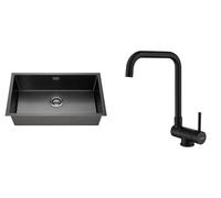 Lonheo Lavello da cucina 74 x 44 cm, nero + rubinetto cucina pieghevole in acciaio inox