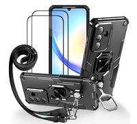 Lonjanfon Outdoor Cover per Samsung Galaxy A35 con Cordino, 2 Vetro Temperato,360°Pieghevole Supporto per anelli,Custodia Militare Antivibrazione Protezione robusta Case per Samsung A35 - Nero