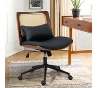 LONWIK Sedia da ufficio in rattan senza braccioli, con ruote, in pelle PU, moderna noce regolabile, ampia sedia girevole, sedia ergonomica con gambe incrociate per sala riunioni, casa e ufficio (nero)